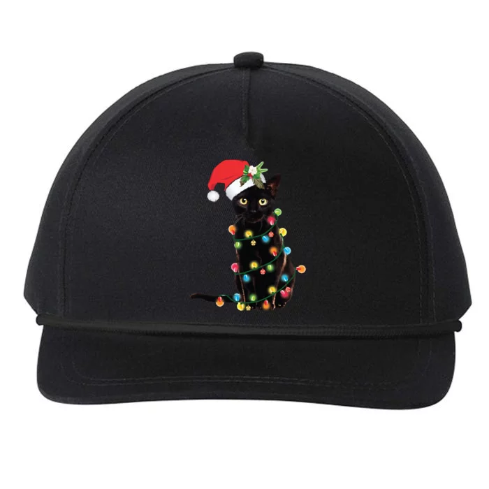 Christmas Lights Black Cat Santa Snapback Five-Panel Rope Hat