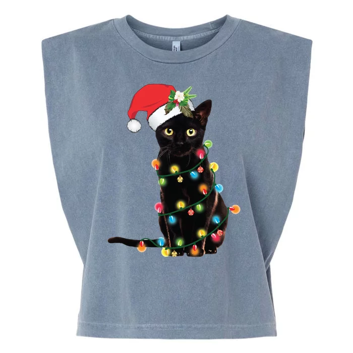 Christmas Lights Black Cat Santa Garment-Dyed Women's Muscle Tee