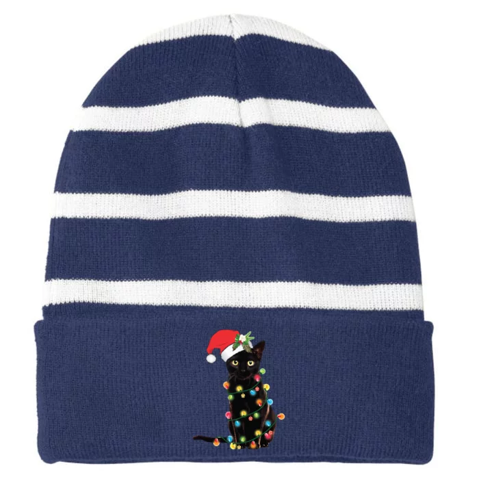 Christmas Lights Black Cat Santa Striped Beanie with Solid Band