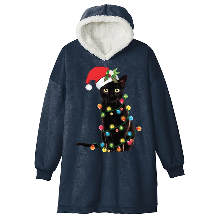 Christmas Lights Black Cat Santa Hooded Wearable Blanket