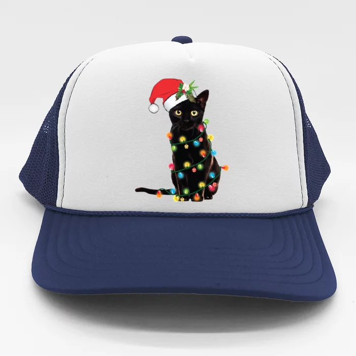 Christmas Lights Black Cat Santa Trucker Hat