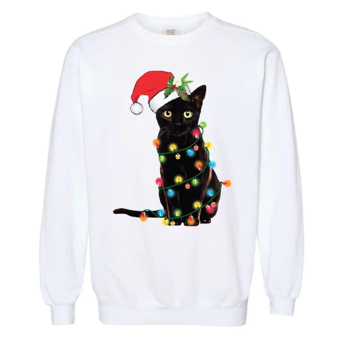 Christmas Lights Black Cat Santa Garment-Dyed Sweatshirt