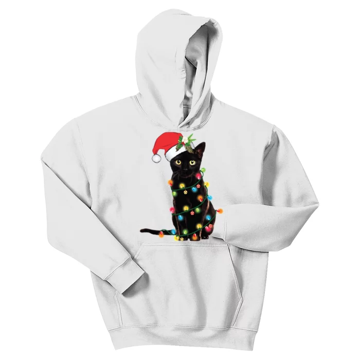 Christmas Lights Black Cat Santa Kids Hoodie