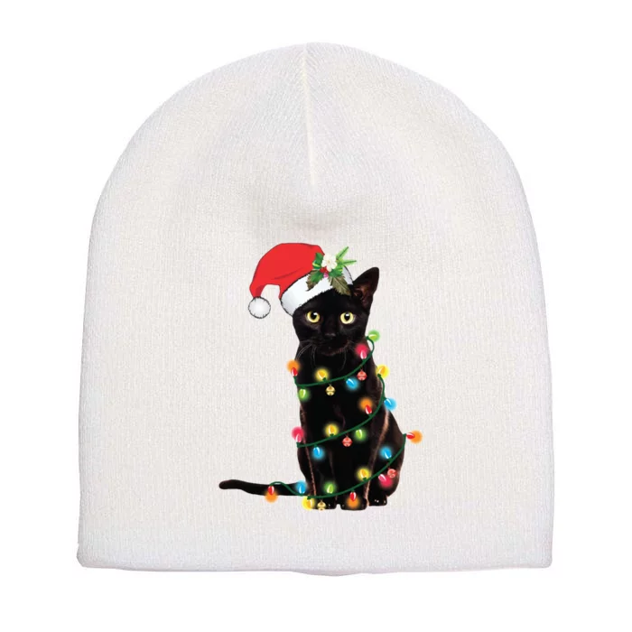 Christmas Lights Black Cat Santa Short Acrylic Beanie