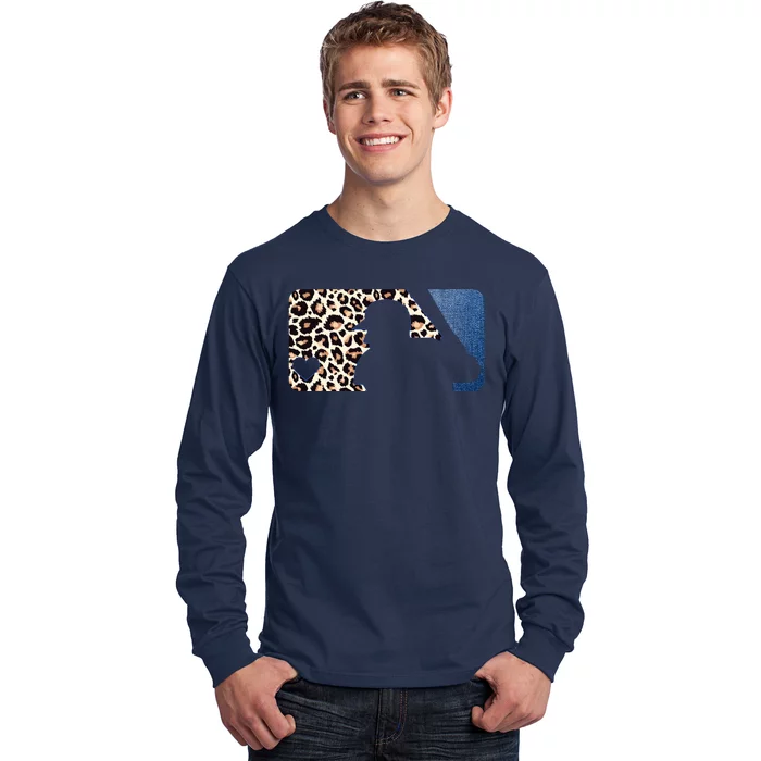 Cute Leopard Blue Jean Print Baseball Logo Long Sleeve Shirt