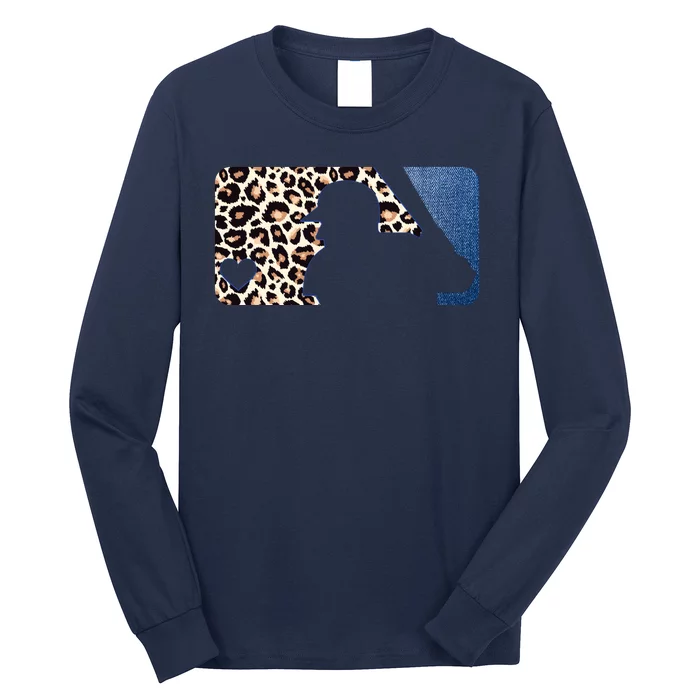 Cute Leopard Blue Jean Print Baseball Logo Long Sleeve Shirt