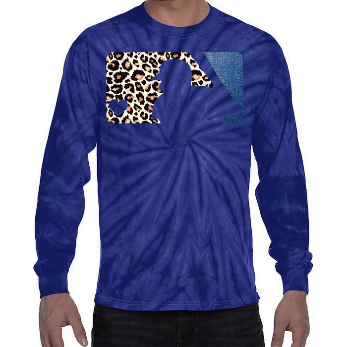 Cute Leopard Blue Jean Print Baseball Logo Tie-Dye Long Sleeve Shirt