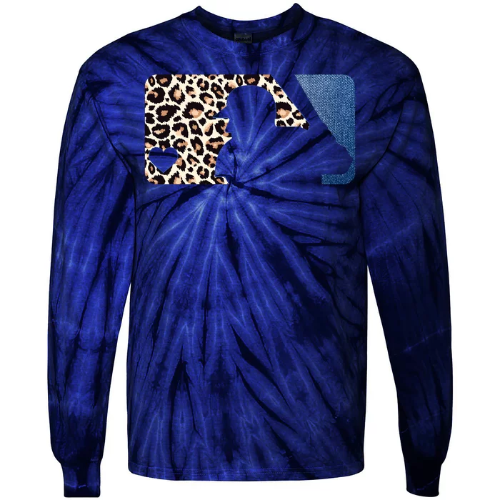 Cute Leopard Blue Jean Print Baseball Logo Tie-Dye Long Sleeve Shirt