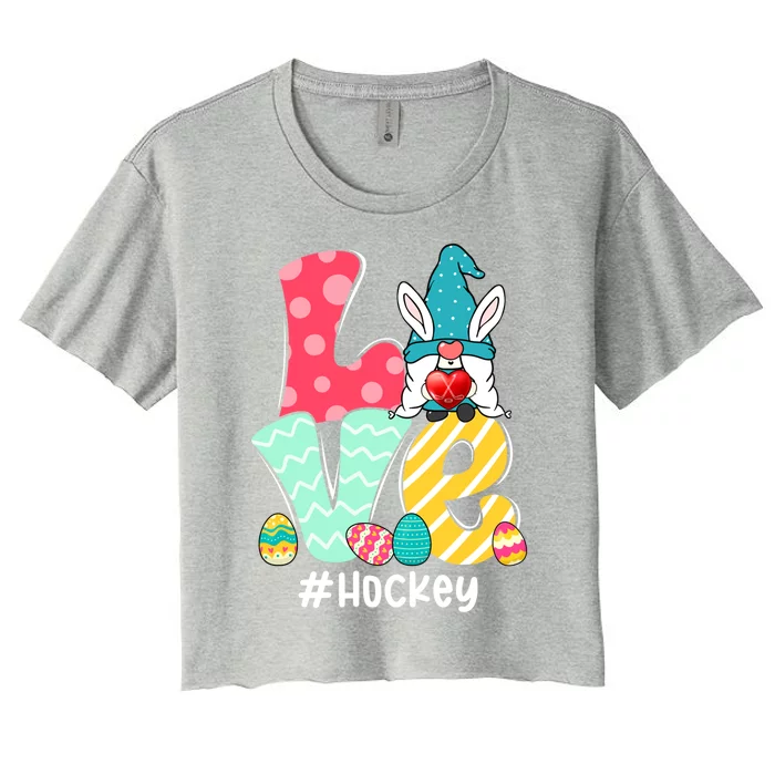 Cute Love Bunny Gnome Hockey Eggs Hunting Easter Day Gift Women's Crop Top Tee