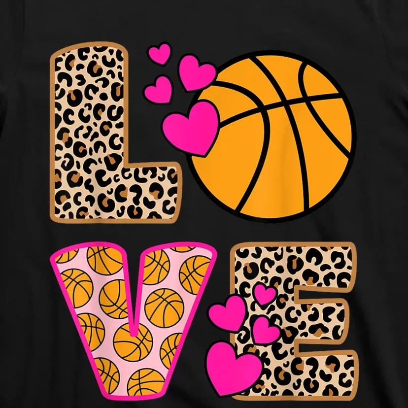 Cute Love Basketball Leopard Print Women Girls Basketball T-Shirt