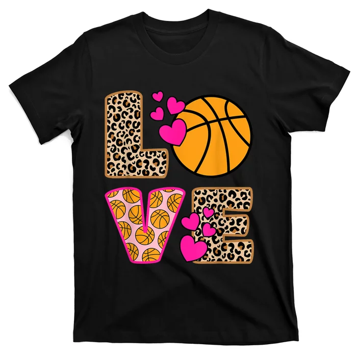 Cute Love Basketball Leopard Print Women Girls Basketball T-Shirt