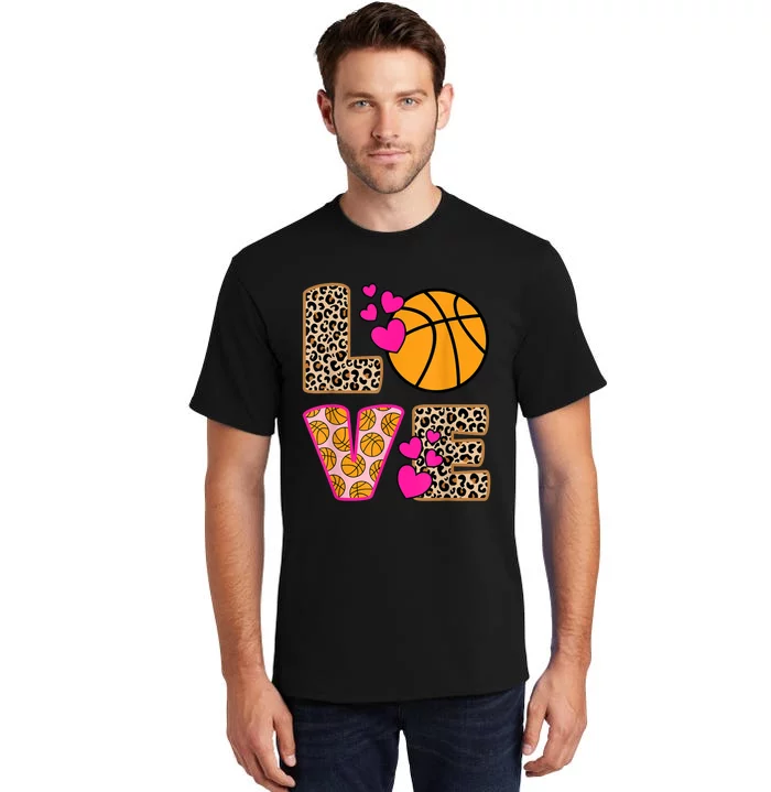 Cute Love Basketball Leopard Print Women Girls Basketball Tall T-Shirt