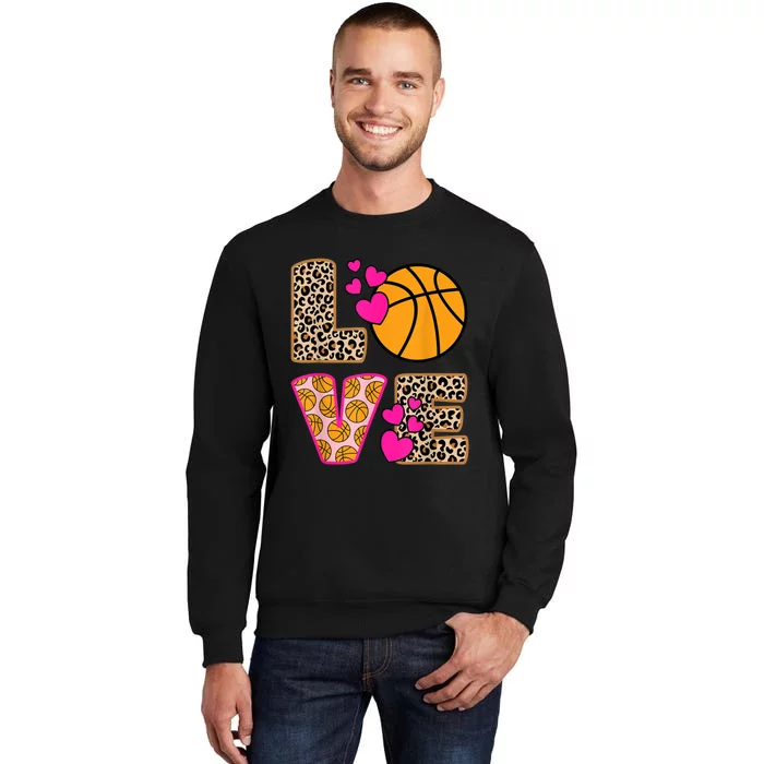 Cute Love Basketball Leopard Print Women Girls Basketball Tall Sweatshirt