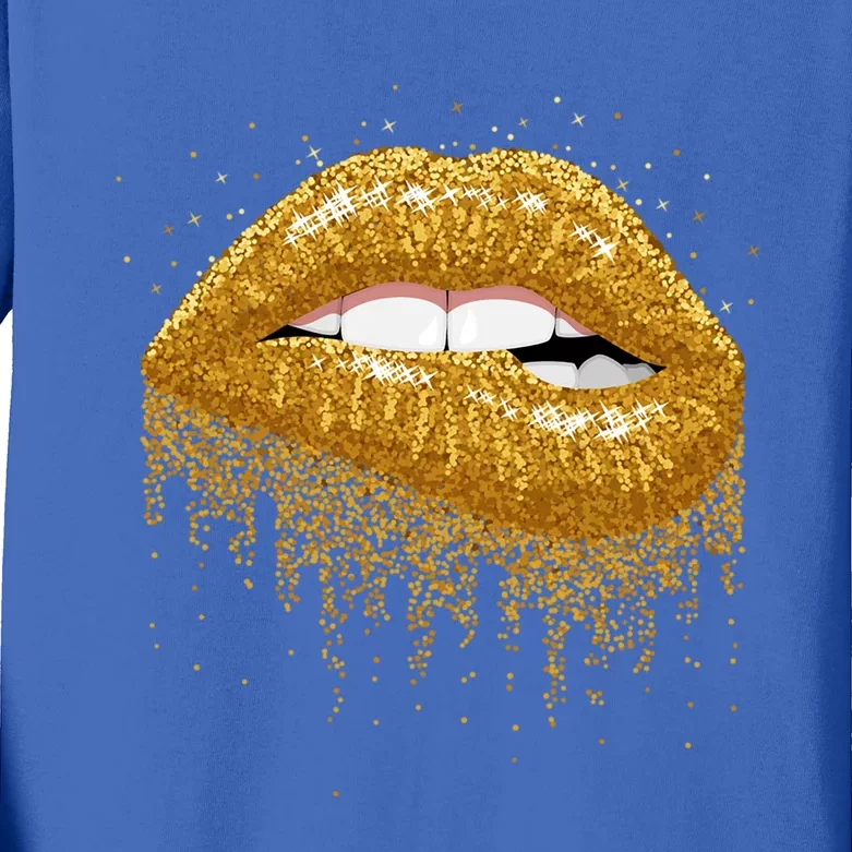 Cool Lips Bite Me Gold Sexy Lips Gift Kids Long Sleeve Shirt