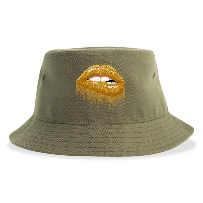 Cool Lips Bite Me Gold Sexy Lips Gift Sustainable Bucket Hat