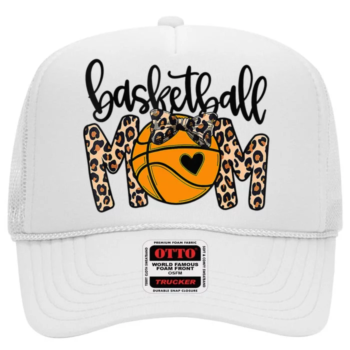 Cute Leopard Basketball Mom With Bow Tie Funny Mothers Day High Crown Mesh Trucker Hat