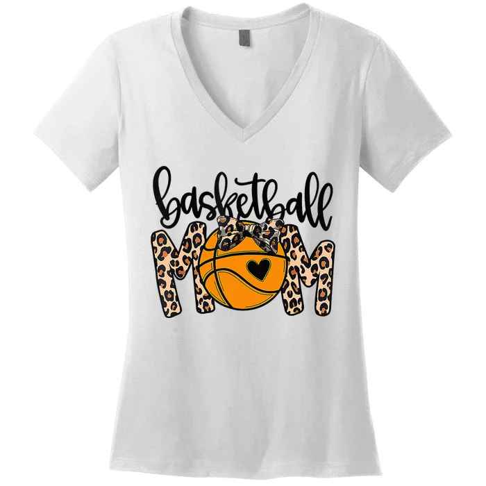 Cute Leopard Basketball Mom With Bow Tie Funny Mothers Day Women's V-Neck T-Shirt