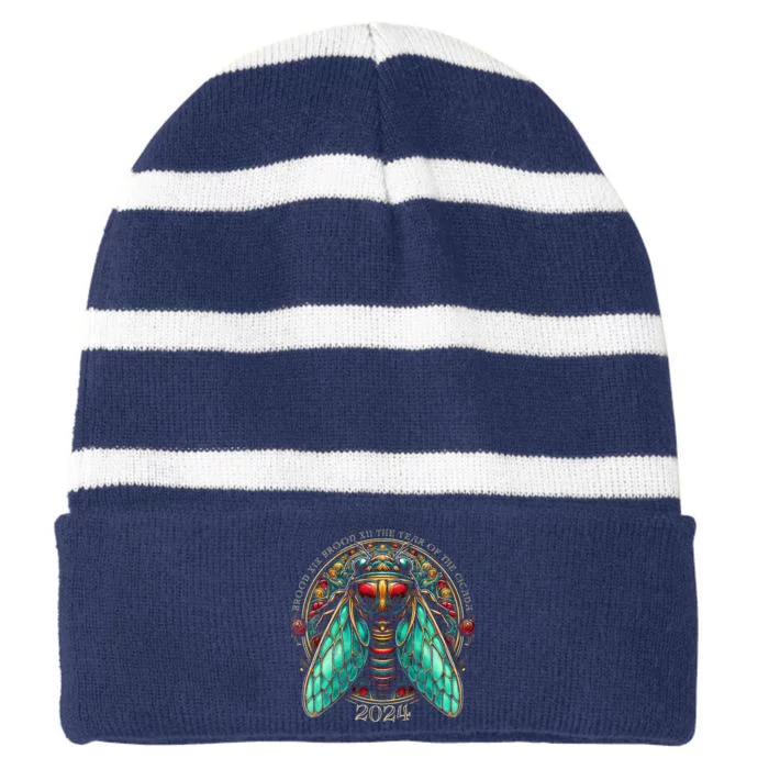 Cicada Lover Brood Xix Brood Xiii Year Of The Cicada 2024 Striped Beanie with Solid Band