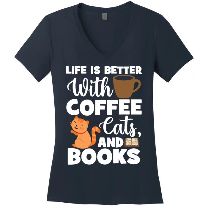 Cat Lovers Cats And Books Coffee Cats And Books Cat Books Women's V-Neck T-Shirt