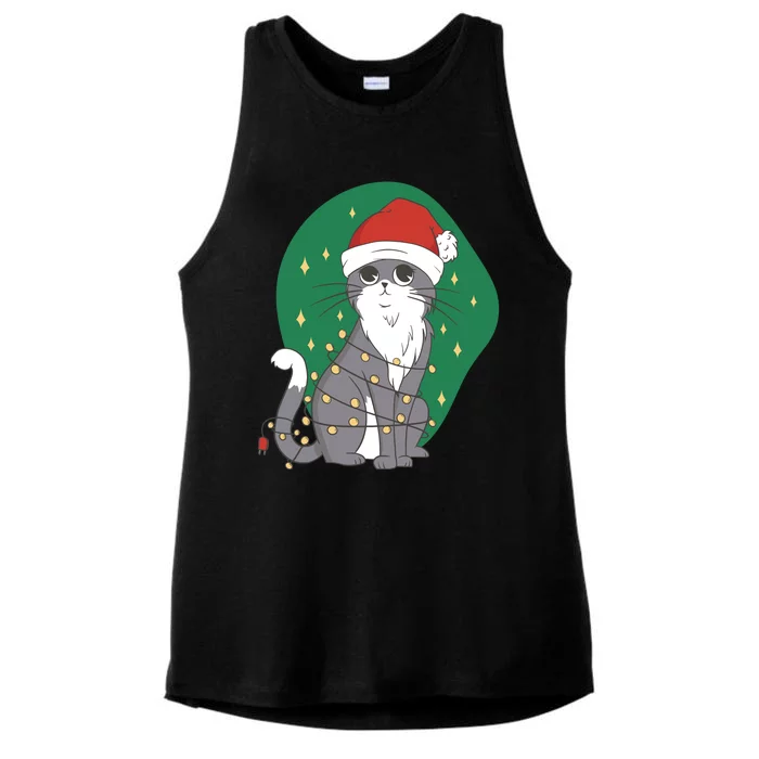 Christmas Lights Cute Cat Ladies Tri-Blend Wicking Tank