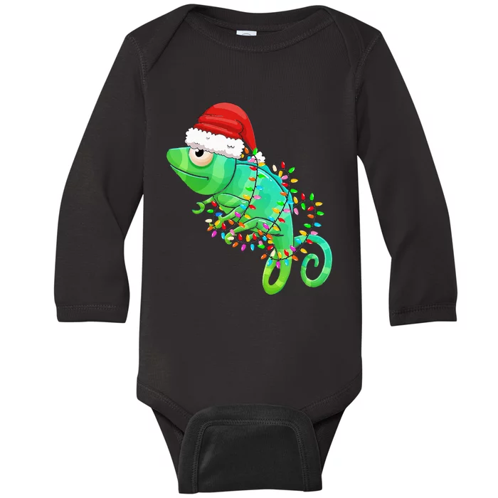 Christmas Lights Chameleon Wearing Xmas Hat Chameleon Lover Baby Long Sleeve Bodysuit