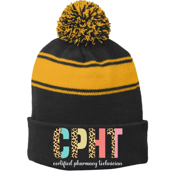 CPHT Leopard Certified Pharmacy Technician Stripe Pom Pom Beanie