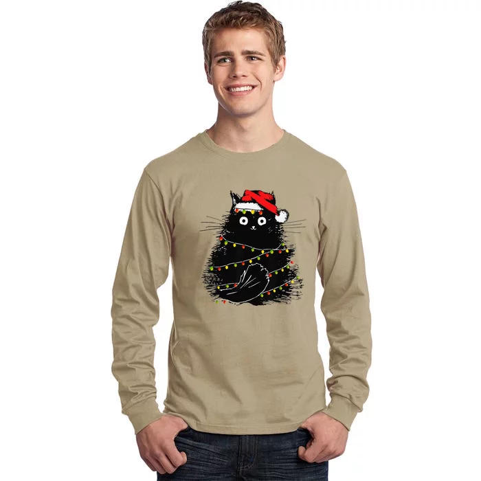 Christmas Lights Cat Black Fluffy Funny Santa Hat Cat Tall Long Sleeve T-Shirt