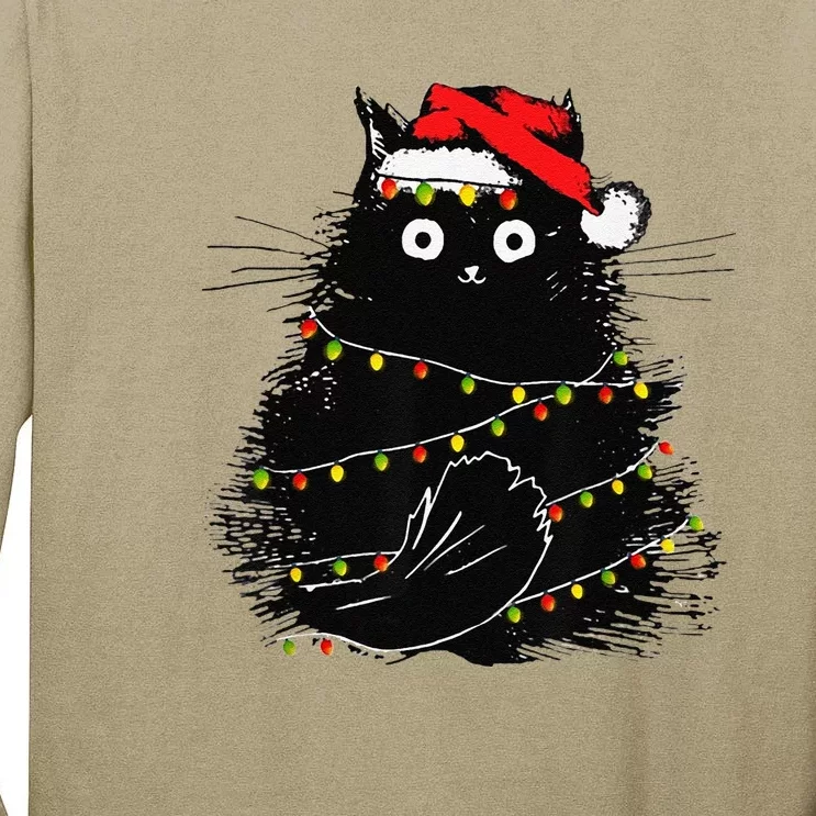 Christmas Lights Cat Black Fluffy Funny Santa Hat Cat Tall Long Sleeve T-Shirt