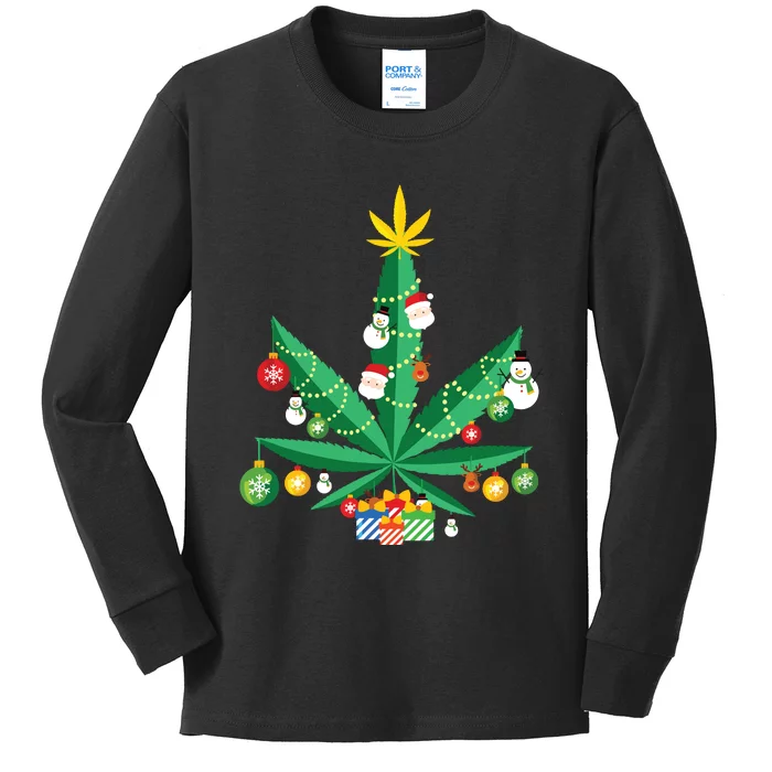 Cannabis Leaf Christmas Tree Kids Long Sleeve Shirt