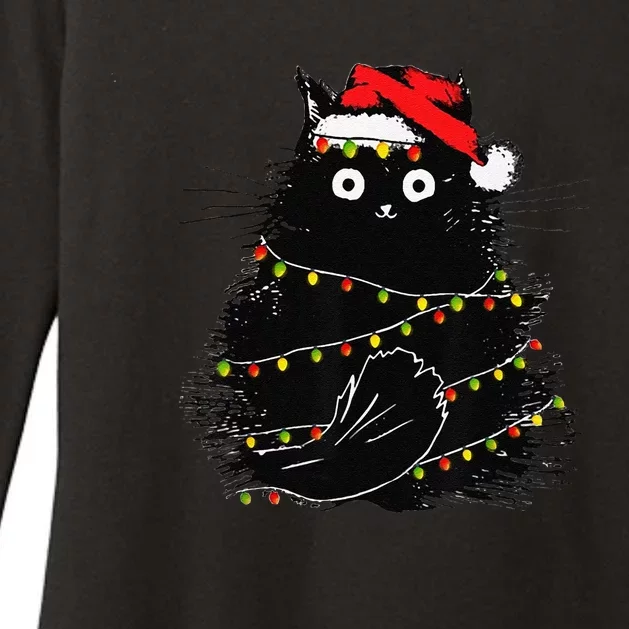 Christmas Lights Cat Black Fluffy Funny Santa Hat Cat Womens CVC Long Sleeve Shirt