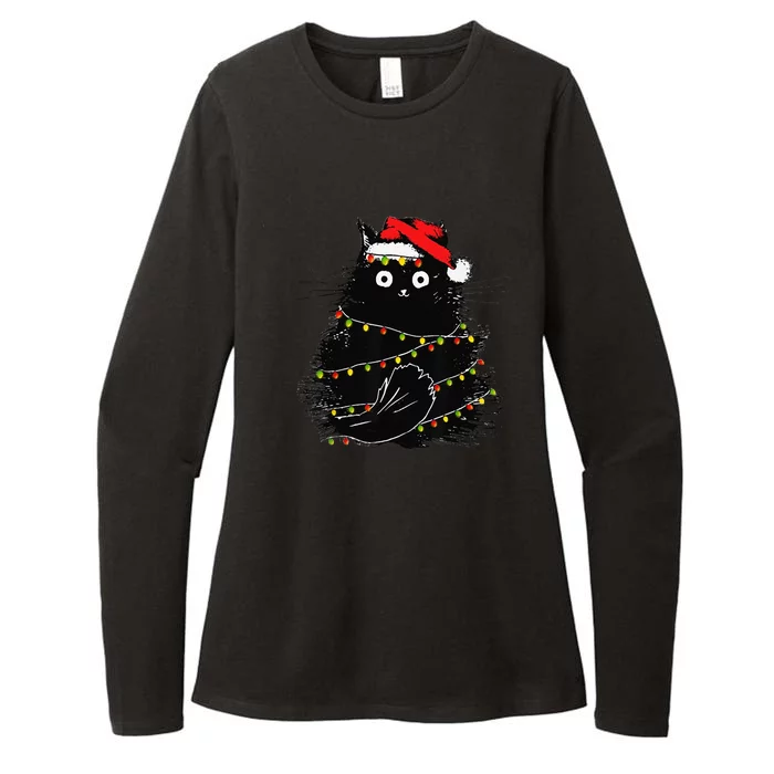 Christmas Lights Cat Black Fluffy Funny Santa Hat Cat Womens CVC Long Sleeve Shirt