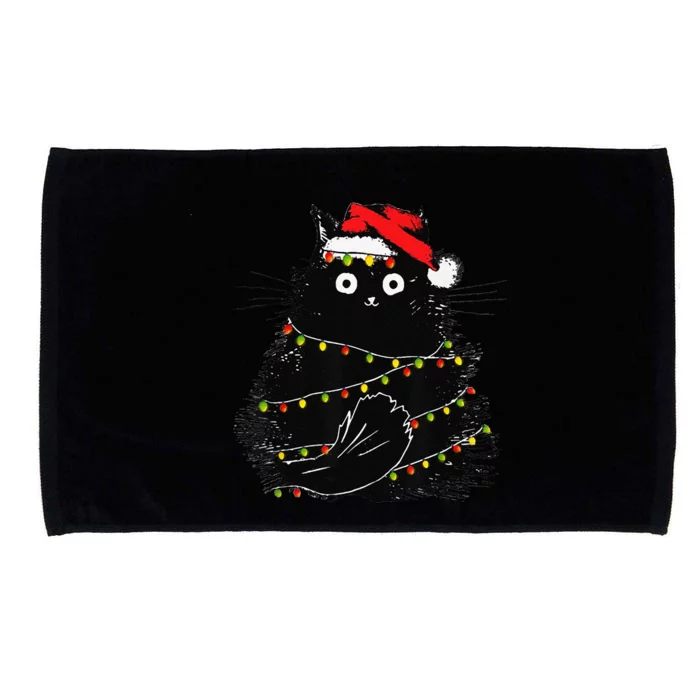 Christmas Lights Cat Black Fluffy Funny Santa Hat Cat Microfiber Hand Towel