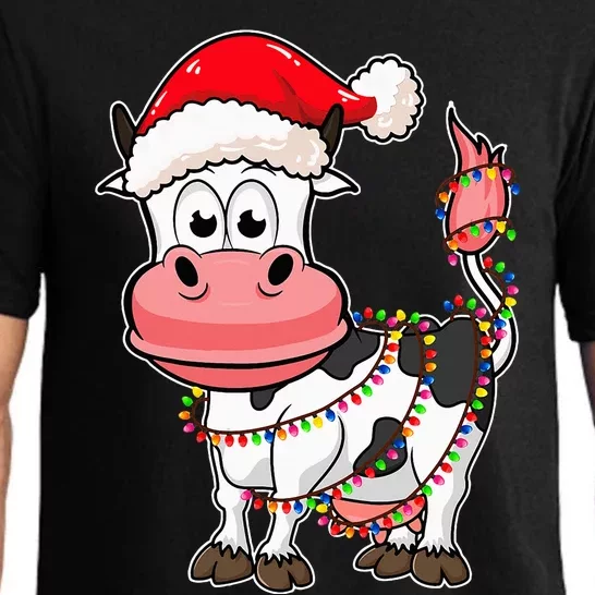 Christmas Lights Cow Wearing Xmas Hat Cow Lover Farm Pajama Set