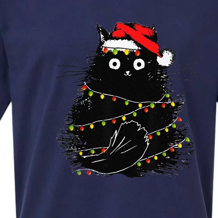 Christmas Lights Cat Black Fluffy Funny Santa Hat Cat Sueded Cloud Jersey T-Shirt