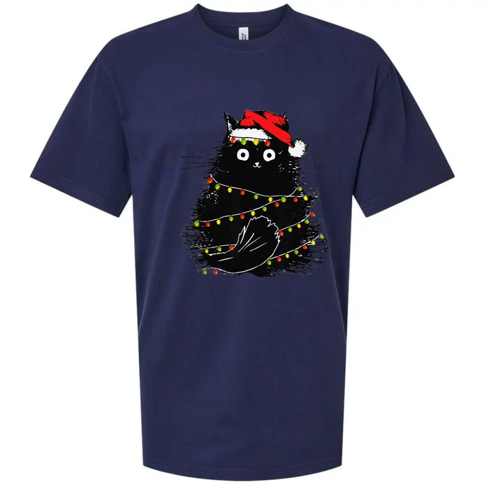 Christmas Lights Cat Black Fluffy Funny Santa Hat Cat Sueded Cloud Jersey T-Shirt