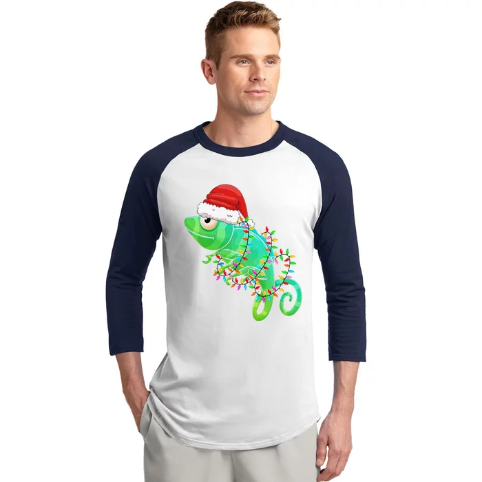 Christmas Lights Chameleon Wearing Xmas Hat Chameleon Lover Baseball Sleeve Shirt