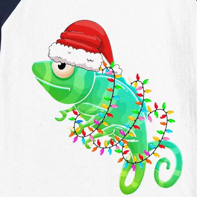 Christmas Lights Chameleon Wearing Xmas Hat Chameleon Lover Baseball Sleeve Shirt