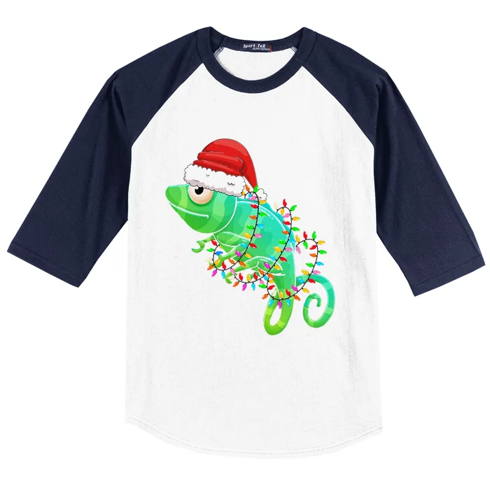 Christmas Lights Chameleon Wearing Xmas Hat Chameleon Lover Baseball Sleeve Shirt