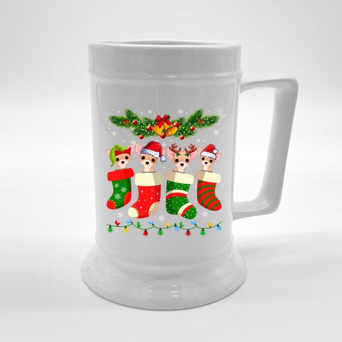 Christmas Light Chihuahua Dog In Christmas Sock Gift Front & Back Beer Stein