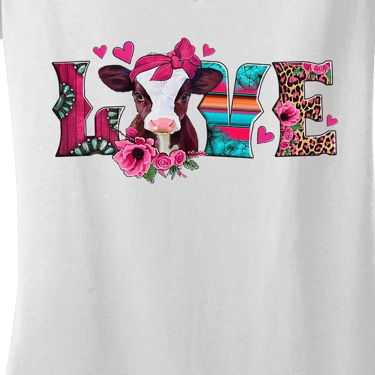 Cute Love Calf Love Cow Western Valentines Day Calf Mom Women's V-Neck T-Shirt