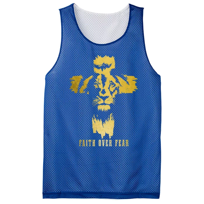 Christian Lion Cross Faith Over Fear Bible Jesus Religious Cool Gift Mesh Reversible Basketball Jersey Tank