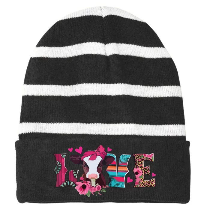 Cute Love Calf Love Cow Western Valentines Day Calf Mom Striped Beanie with Solid Band