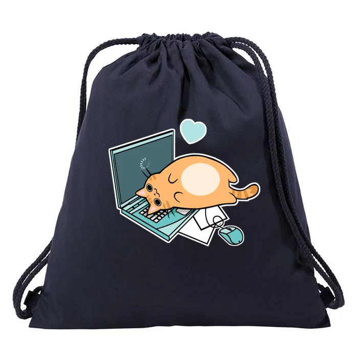 Cute Laptop Cat Drawstring Bag