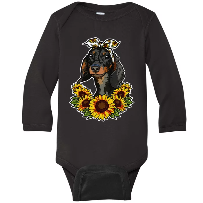 Cute Love Dog Gift Sunflower Decor Dachshund Baby Long Sleeve Bodysuit