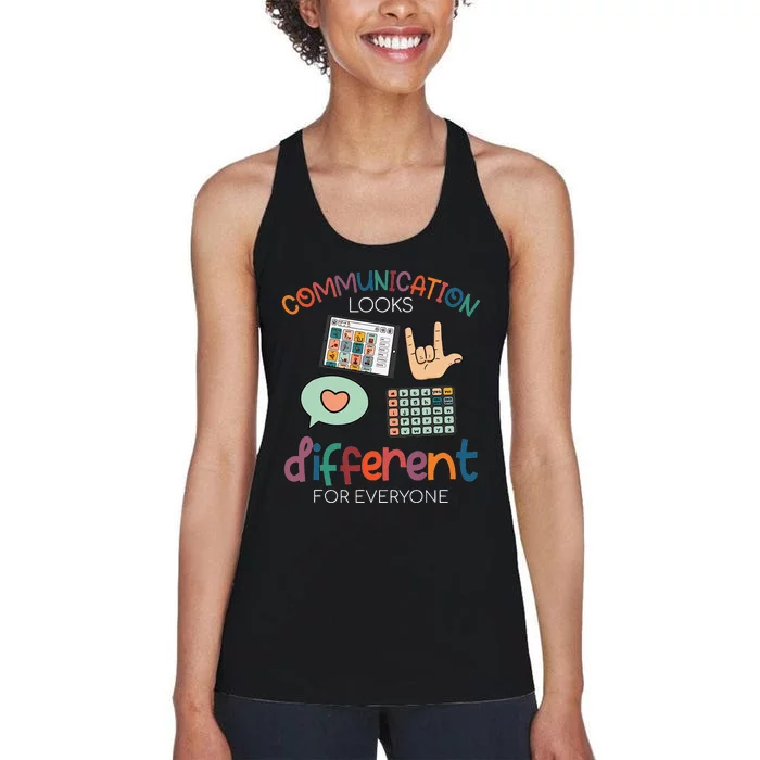 Communication Looks Different For Everyone Autism Awareness Women's Racerback Tank