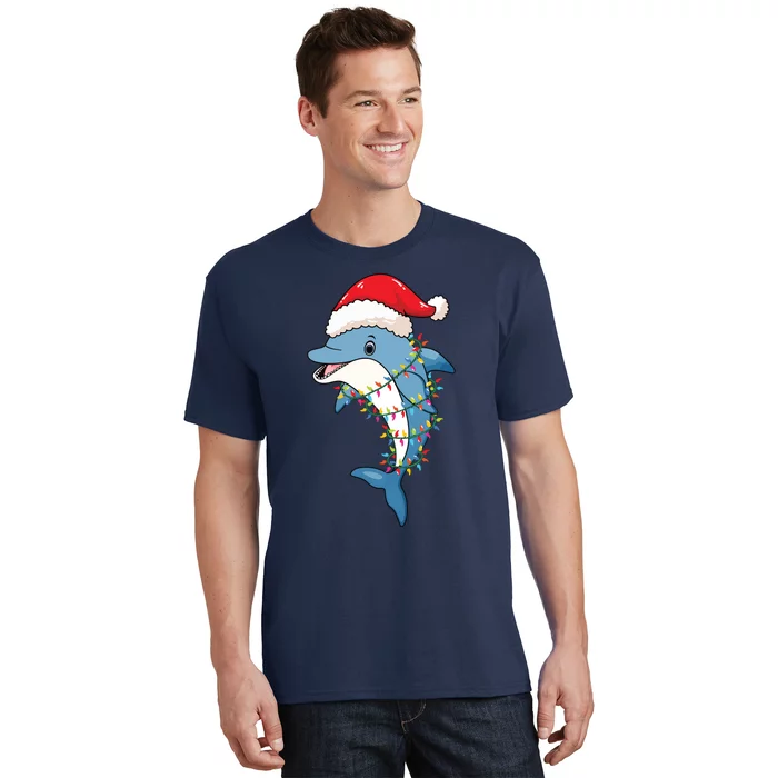 Christmas Lights Dolphin Wearing Xmas Hat Dolphin Lover T-Shirt