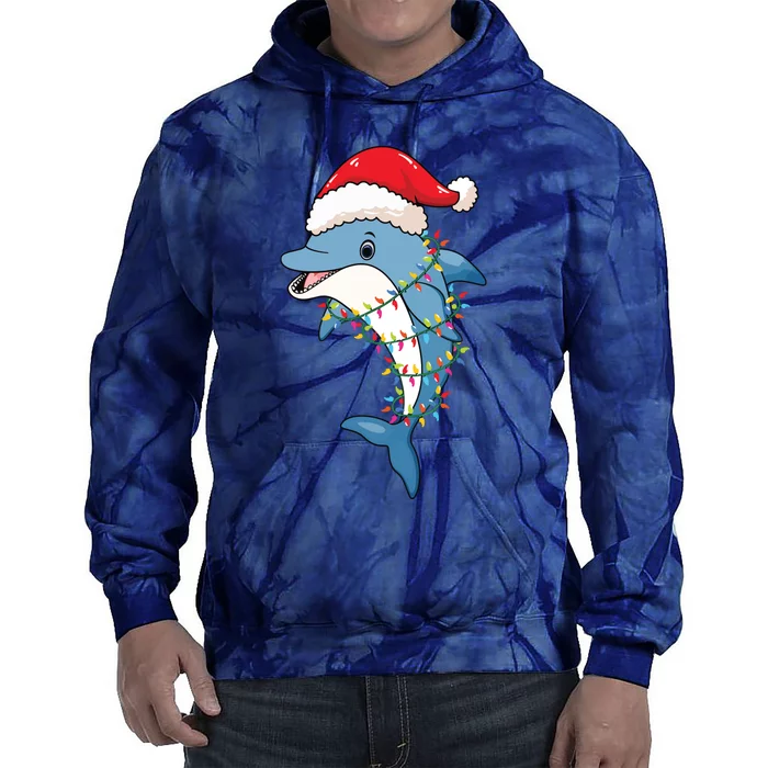 Christmas Lights Dolphin Wearing Xmas Hat Dolphin Lover Tie Dye Hoodie