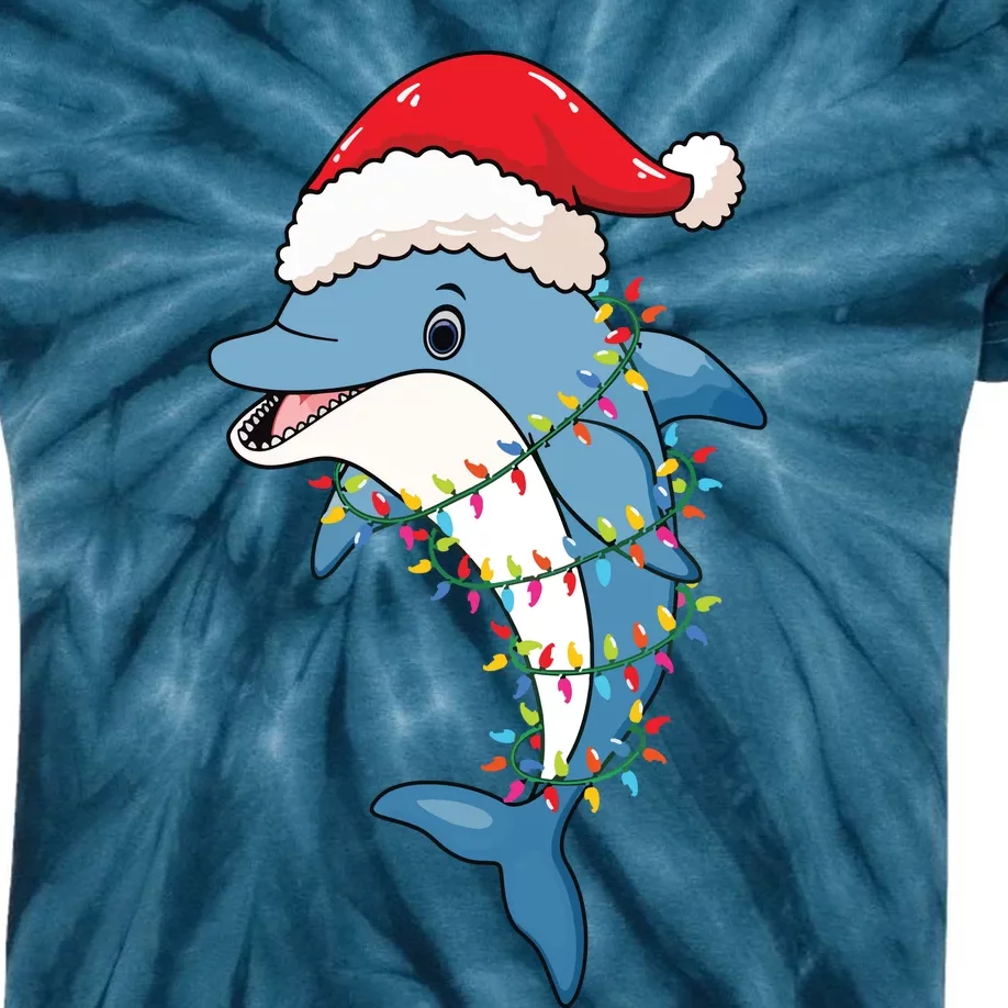 Christmas Lights Dolphin Wearing Xmas Hat Dolphin Lover Kids Tie-Dye T-Shirt