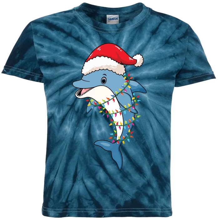 Christmas Lights Dolphin Wearing Xmas Hat Dolphin Lover Kids Tie-Dye T-Shirt