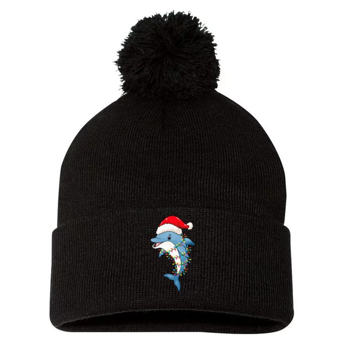 Christmas Lights Dolphin Wearing Xmas Hat - Dolphin Lover Pom Pom 12in Knit Beanie